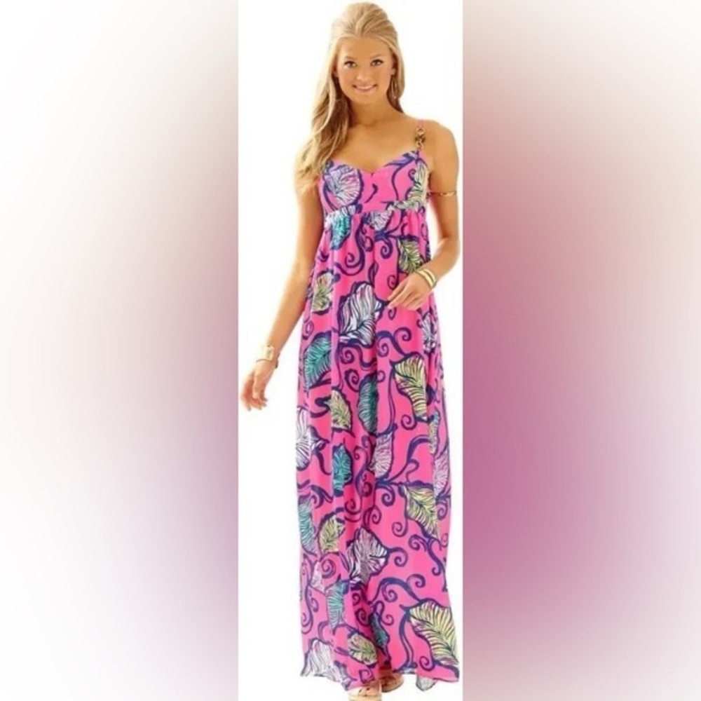 Lilly Pulitzer Joanna Maxi Dress Tropical Pink Leaves in the breeze Size 8